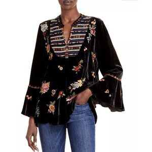 Johnny Was Sisilia Floral Embroidered Velvet Peasant Blouse Black Women’s XS